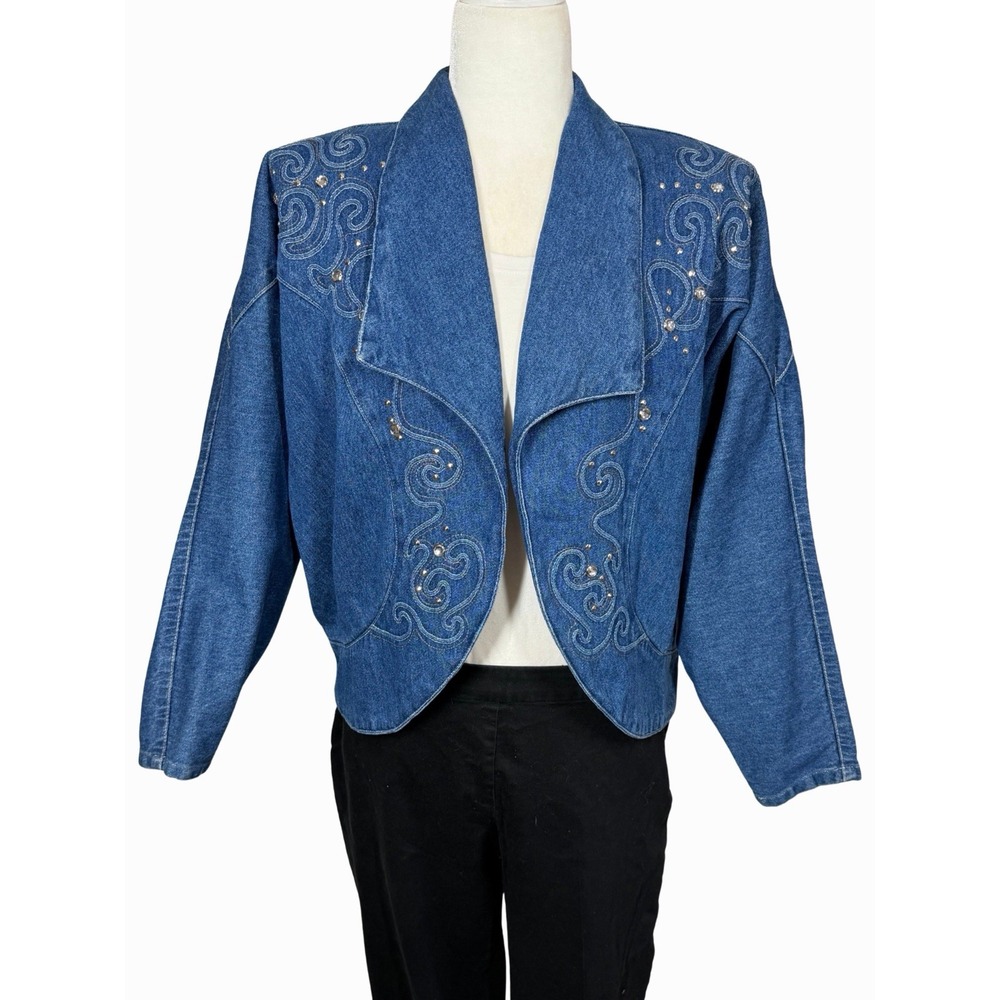 Vintage Pado Jean Jacket Women's Medium Rhinestone Embellished 80s USA Denim